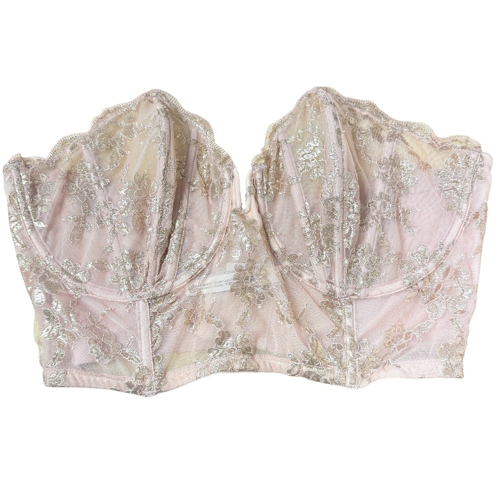 Victorias Secret Dream Angels Pink Gold Metallic Lace Bustier Bra Top 38DD